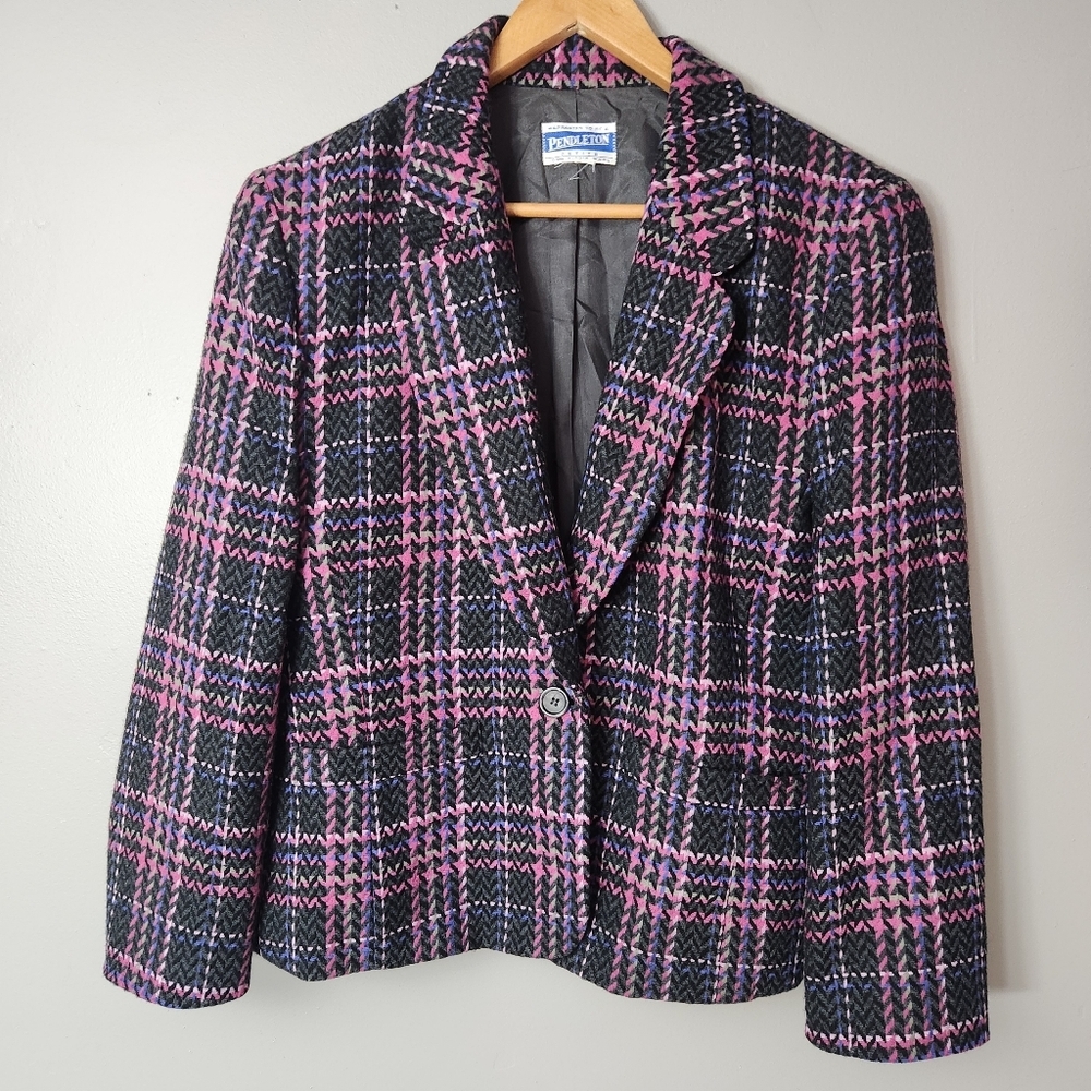 Pendleton two piece suit Blazer & pencil skirt pink purple plaid size 10 Petite